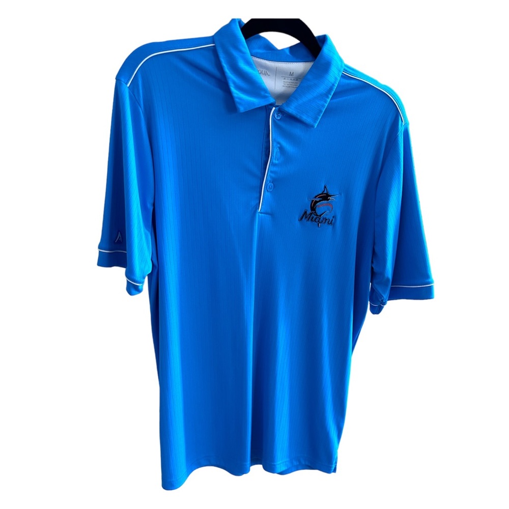 Antigua Miami Marlins Blue Polo Short Sleeve Shirt Size M EUC